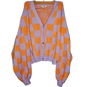Ascot and Hart Pastel Checkered Bubble Sleeve Button Front Cardigan Sweater